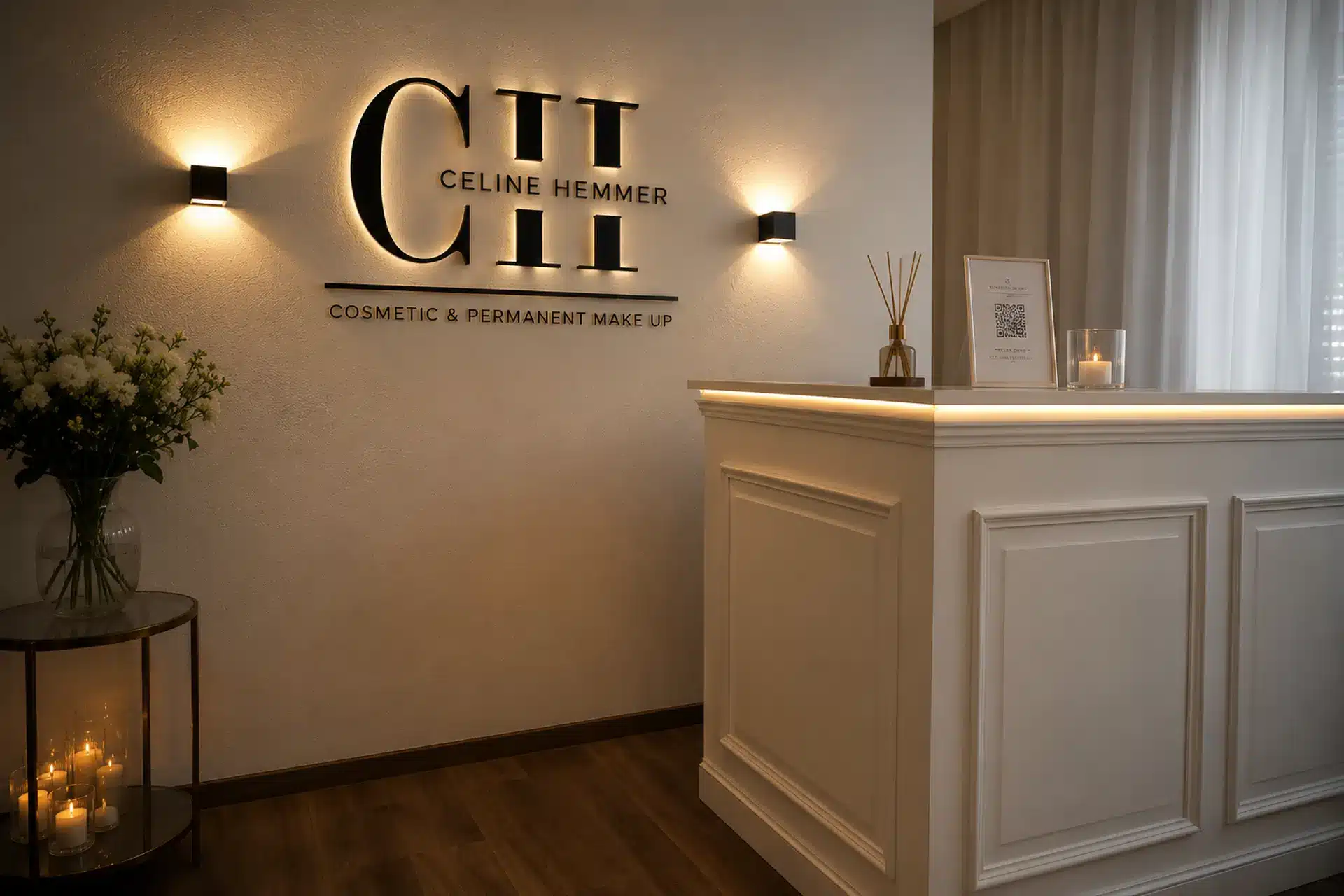 Empfangsbereich von Celine Hemmer Cosmetic & Permanent Make Up Eleganter Empfangsbereich im Kosmetikstudio Celine Hemmer in Friedrichsthal