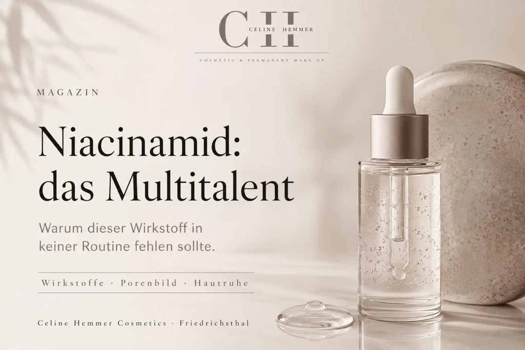 Niacinamid: das Multitalent Magazin-Beitragsbild von Celine Hemmer Cosmetics zum Wirkstoff Niacinamid für Porenbild und Hautruhe