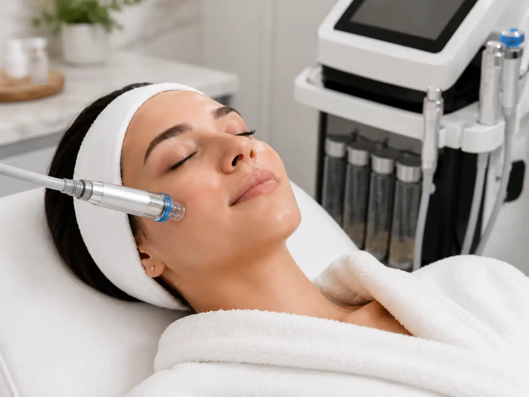 003-aquafacial-behandlung-celine-hemmer-cosmetic-friedrichsthal-kosmetikstudio Kundin bei der Vorbereitung auf eine Aquafacial-Behandlung bei Celine Hemmer Cosmetics